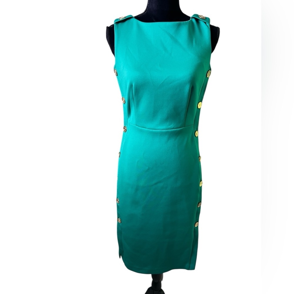 Calvin Klein Green Scuba Dress Sleeveless Gold Button Details Womens 2